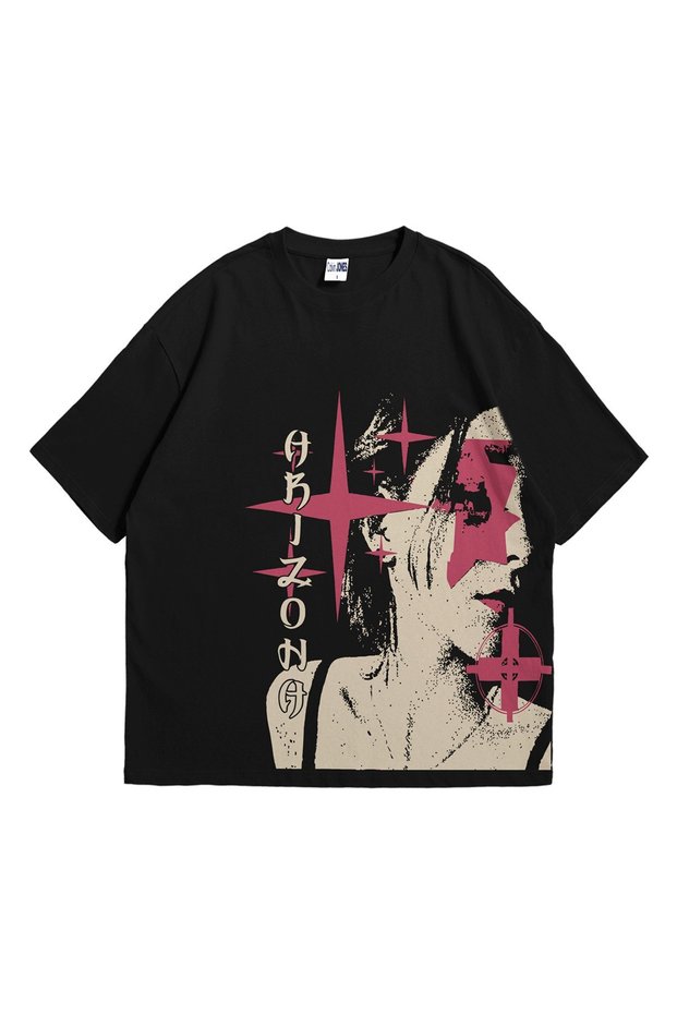 Women's Men's Black Orzona Printed Ebstar Oversize Crew Neck Short Sleeve T-Shirt