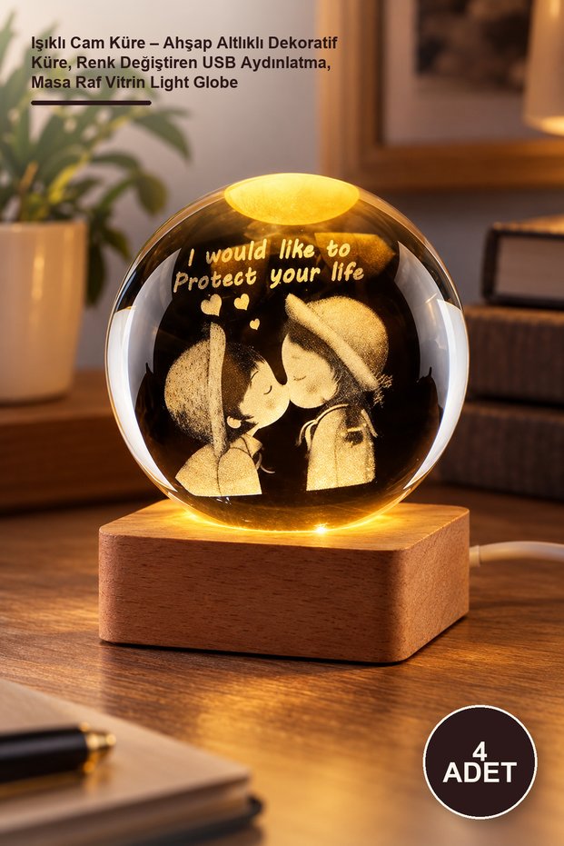 4 Pieces of Lighted Glass Globes – Decorative Globes with Wooden Bases, Color-Changing USB Lighting, Tabletop Shelf Display Light Globe