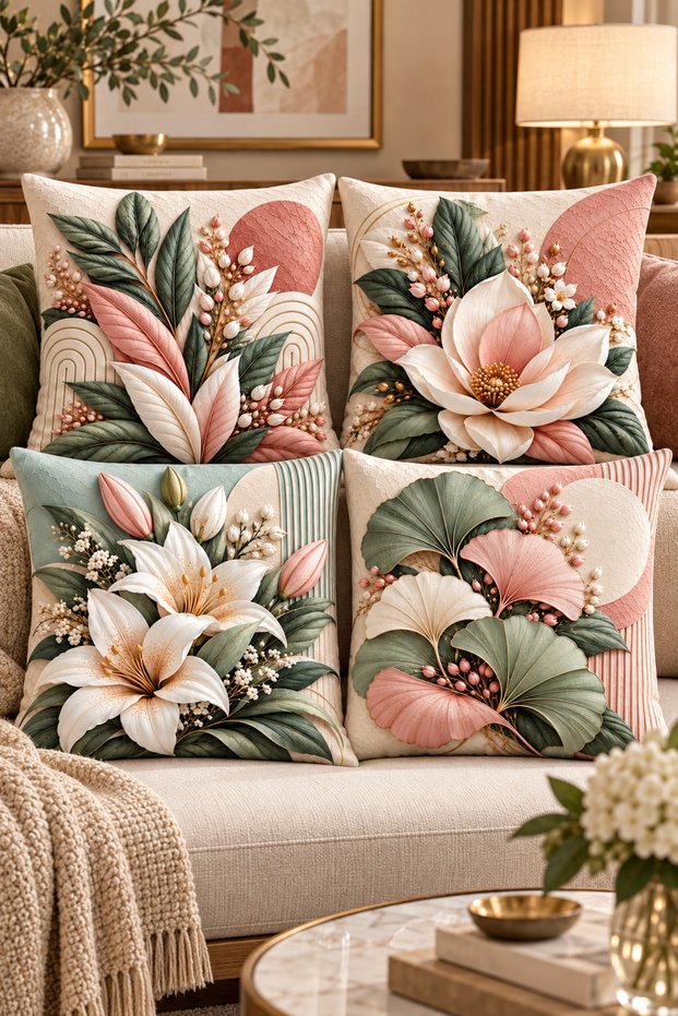 Digital Printing Lily Pattern Top Quality Suede 4-Piece Throw Pillow Cover Set (Double Sided)