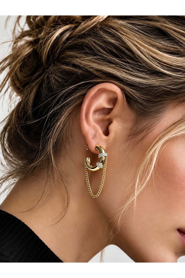 Lavinia Chain Stone Hoop Earrings-Gold