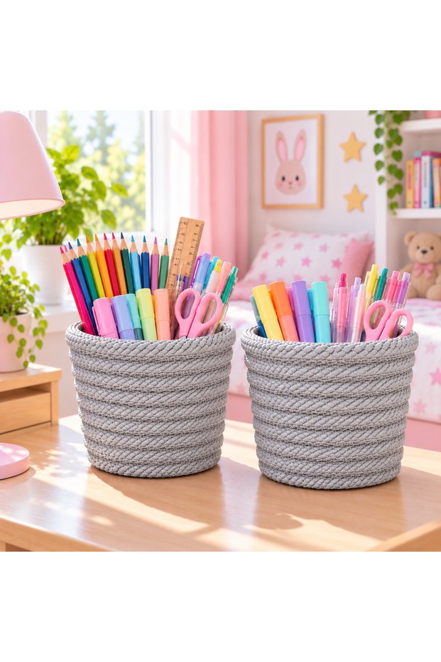 12X11 cm Mini 2-Piece Multi-Purpose Wicker-Look Mesh Basket, Pen Holder and Makeup Organizer, Decorative Storage Basket