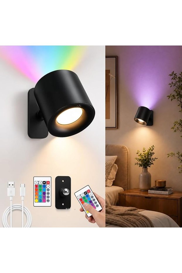 مصباح جداري LED بدون حفر، إضاءة RGB تعمل باللمس مع جهاز تحكم عن بعد، 360 درجة °   قابل للدوران وقابل للتعتيم