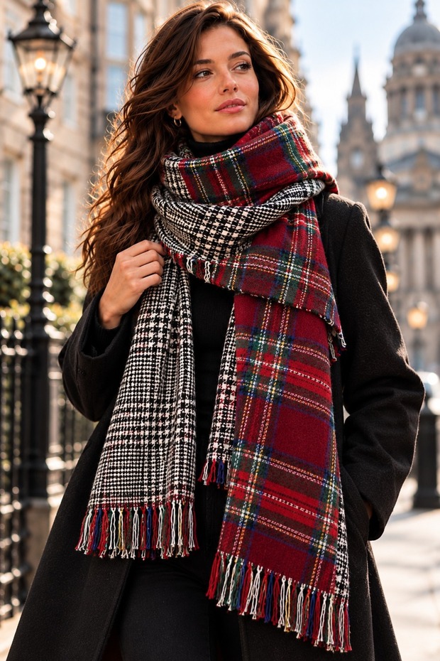 DUBLIN - Reversible Burgundy-Red Oversized Winter Shawl with Scottish Plaid and Houndstooth Patterns | 76 x 190 cm | Soft-Textured, Tasseled