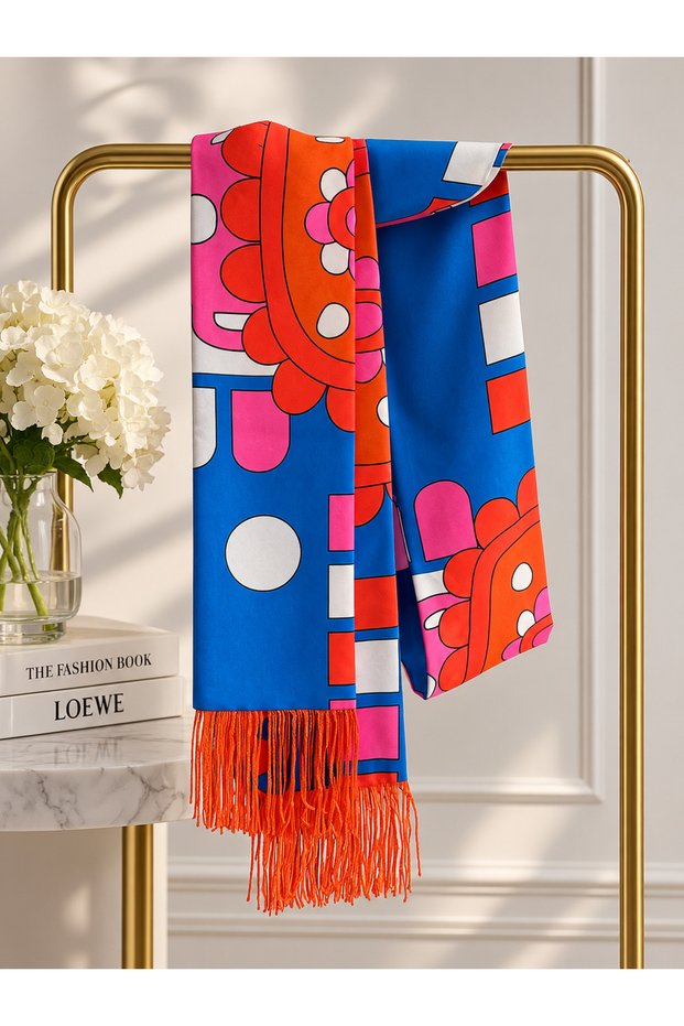 Blue Orange Tasseled Patterned Scarf / Belt / Sash