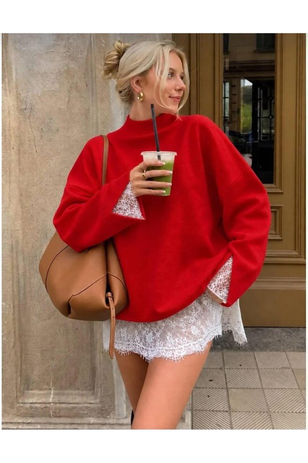 Crew Neck Lace Oversized Knit Sweater
