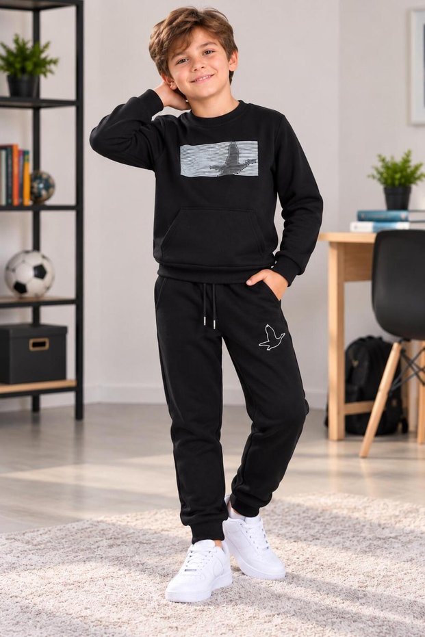 Boys' Black Bird Printed Sweatshirt and Sweatpants 2-Piece Set