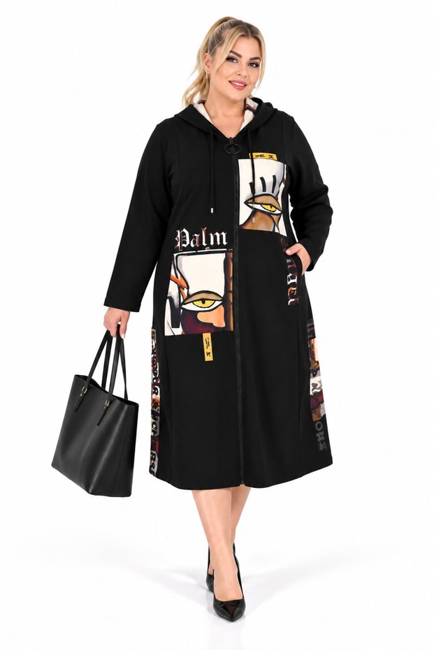 Darkwin Women's Black 50-52 Size Large Size Picasso Series Eye Pattern Bead Embroidered Hooded Zippered Long Dress