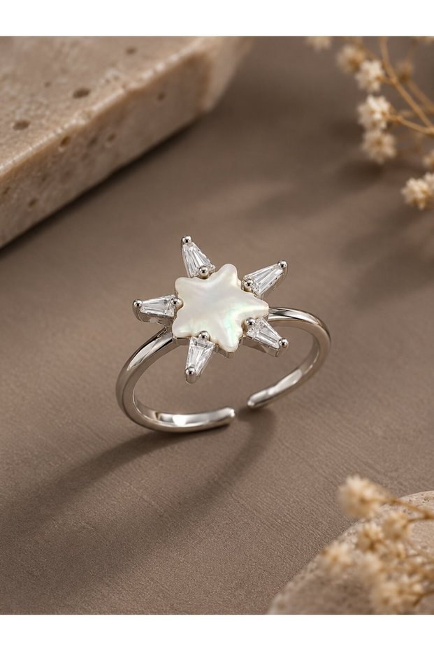 Silver Color Star Model Pearlescent Zircon Stone Women's Ring