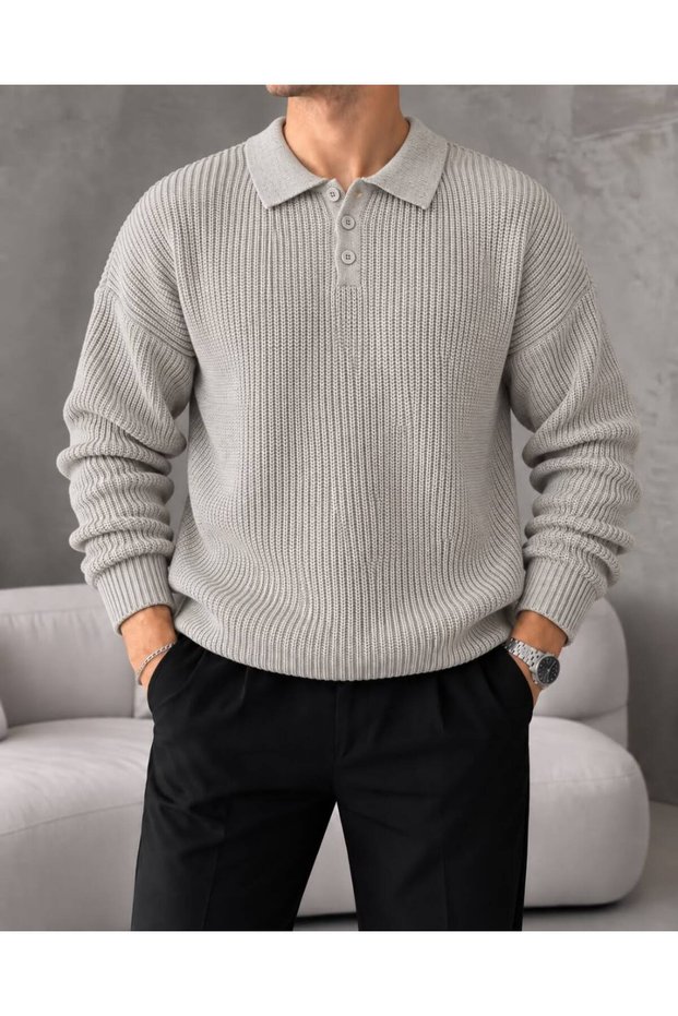 Arco Premium Textured Knitwear Buttoned Polo Collar Long Sleeve Men's Sweater