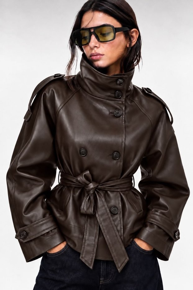 Women's Khaki Collar - Stand Collar Detailed Belted Lined Zr Model Leather Trench Jacket