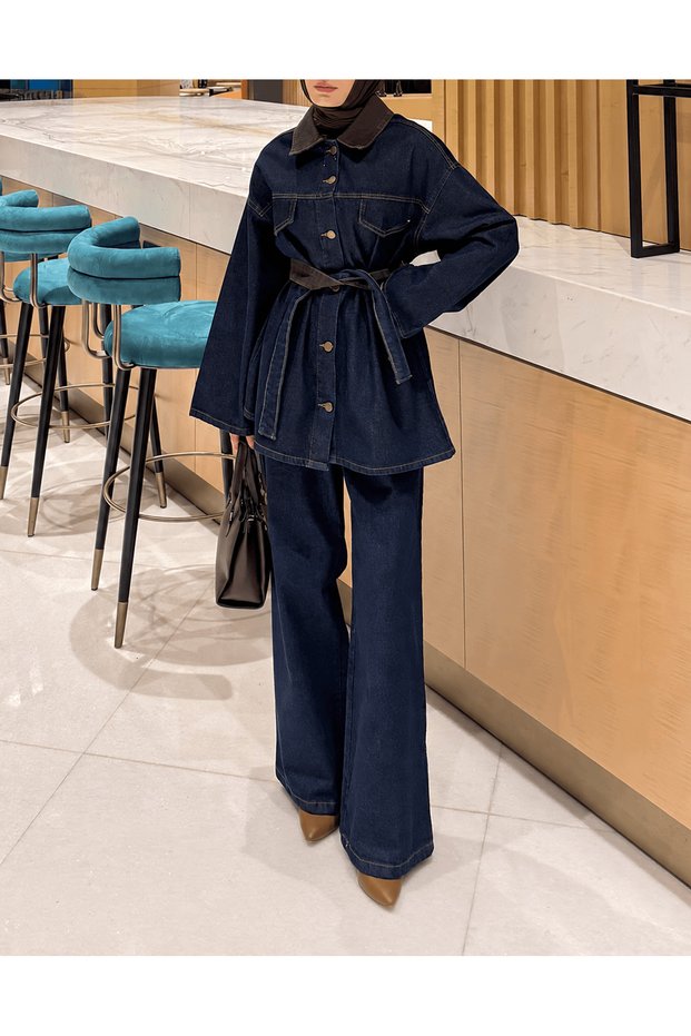 Pocket Detailed Buttoned Trousers Denim Suit - 62807 - Navy Blue
