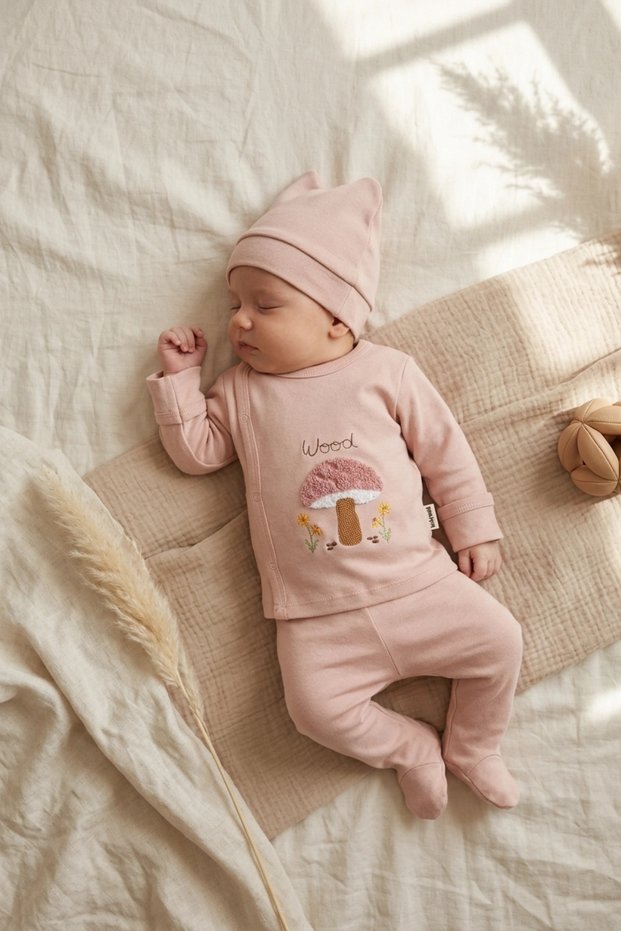Mila Forest 100% Cotton 3-Piece Baby Set - Dusty Rose Mushroom Embroidered Double-Breasted Top, Pants with Booties