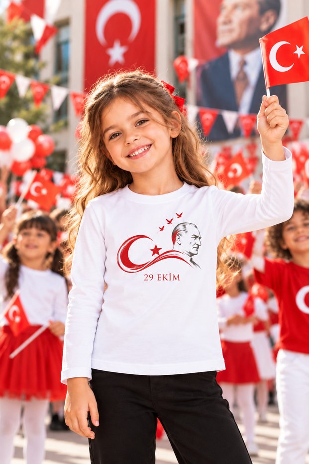 29 October Event Ataturk Turkish Flag Republic Day Printed White Long Sleeve Kids T-Shirt 4-12 Years Old Girls Boys Unisex 100% Cotton School Ceremony National Day Special Design