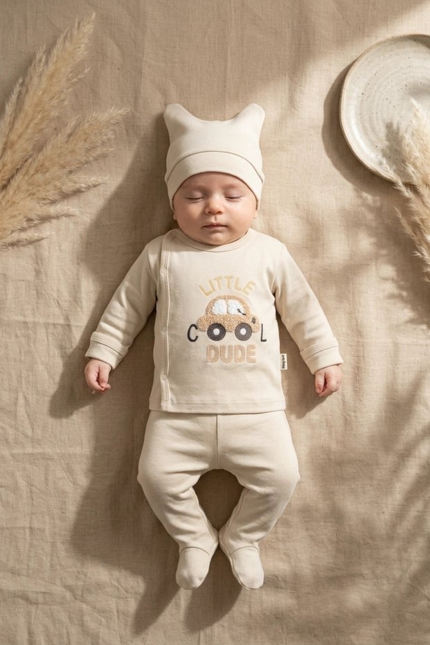 Sage Cream Cotton 3-Piece Baby Set - Little Cool Dude Embroidered Kimono Top, Bottom with Booties, and Beanie Set