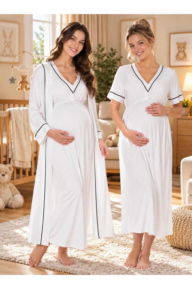 Cotton V-Neck Maternity Long Dressing Gown Nightgown Set 2 Pieces Effortt