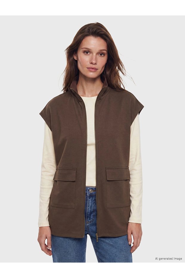 Brown Stand Collar Oversize Drawstring Women's Vest