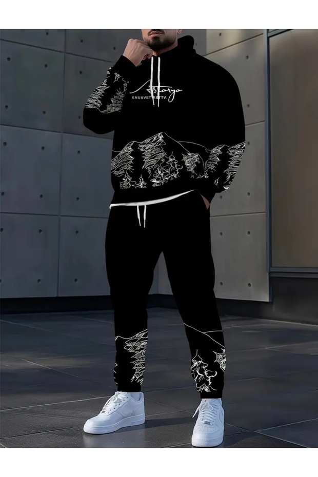 Special Series Hooded White Sketch Mountains Printed 100% Cotton 3 Yarn Winter Plus Size Men's Tracksuit Set