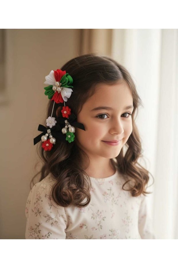 UAE National Day Hair Bow Accessory, Red and Green Bow Tie with White and Black Tails (Bow Clip)