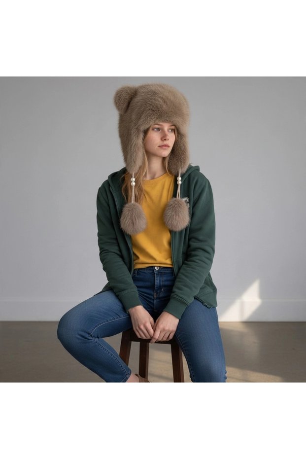 Women's Furry Eared Beret with Teddy Bear Detail, Pearl and Pompom Tie, Plush Winter Hat