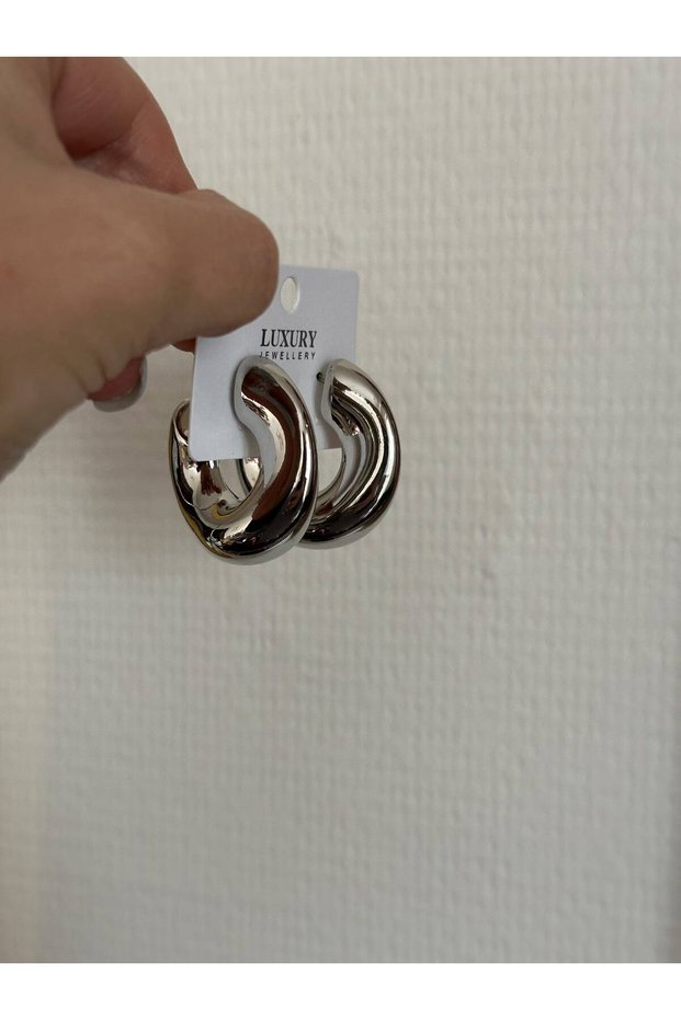 Silver Color Shiny Curved Hoop Earrings 4 cm Voluminous Hoop Earrings