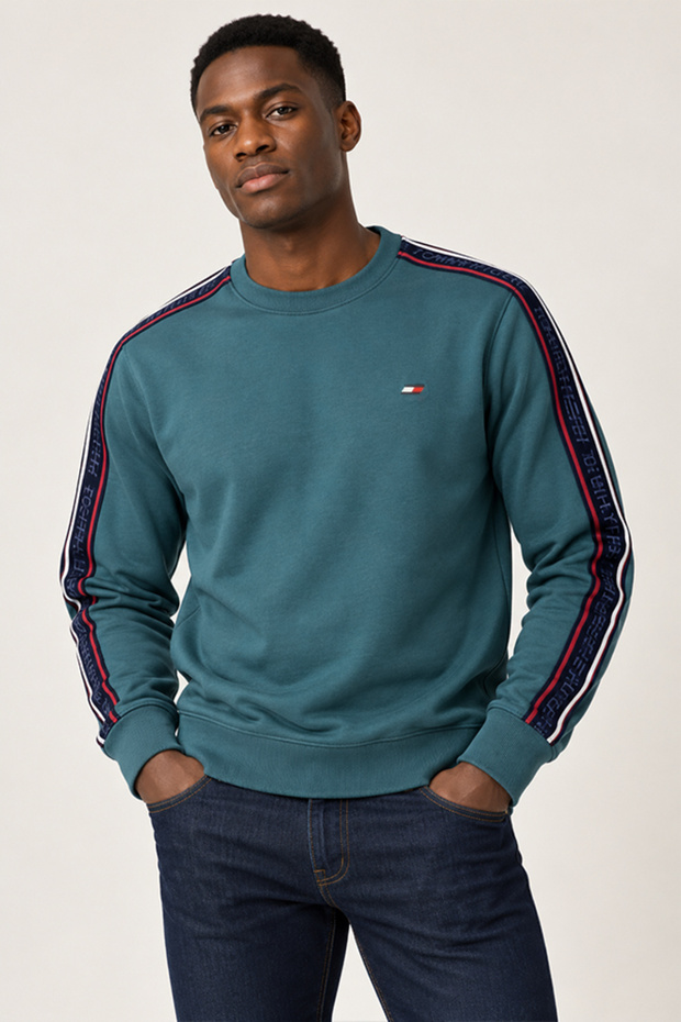 Mens Green Turquoise Textured Tape Cotton Fleece Sweatshirt