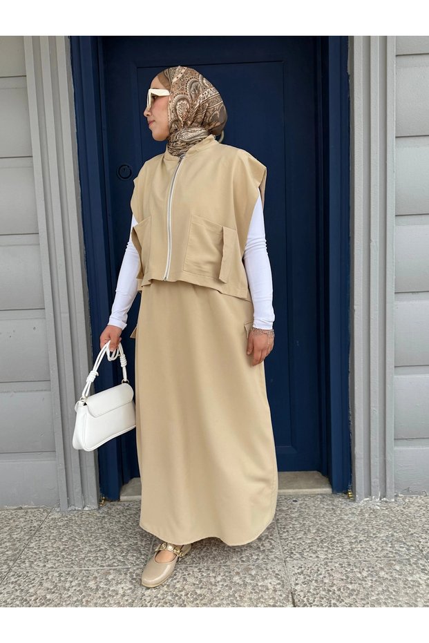Pocketed Vest Suit - Beige