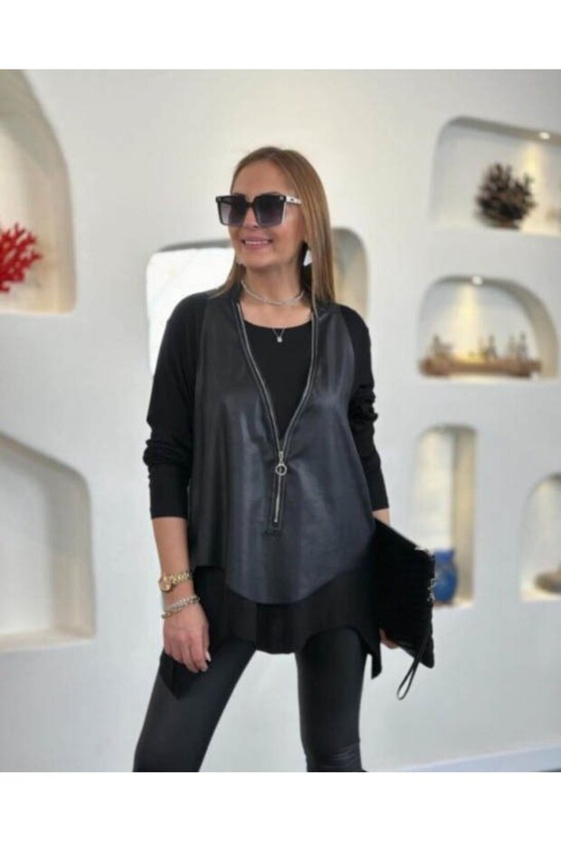 Women's Long Sleeve Asymmetrical Cut Viscose Blouse and Cracked Leather Look Vest Double Suit