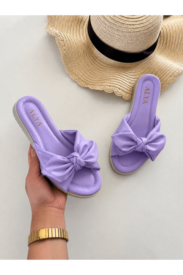 Leather Slippers with Bow - Aly - Lilac