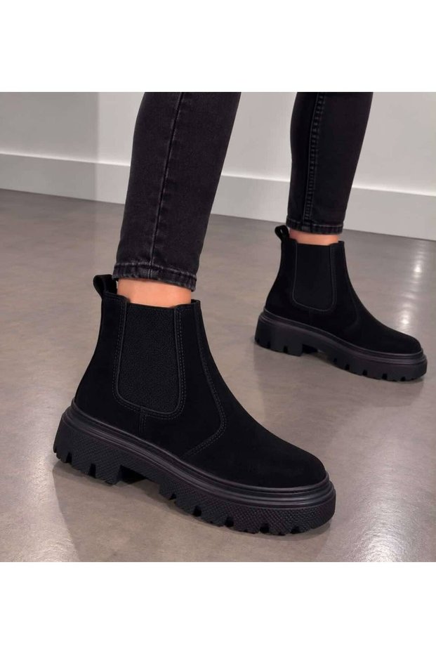 Men's Black Suede Thick Light Sole Casual Chelsea Boots with Elastic on Both Sides 1810