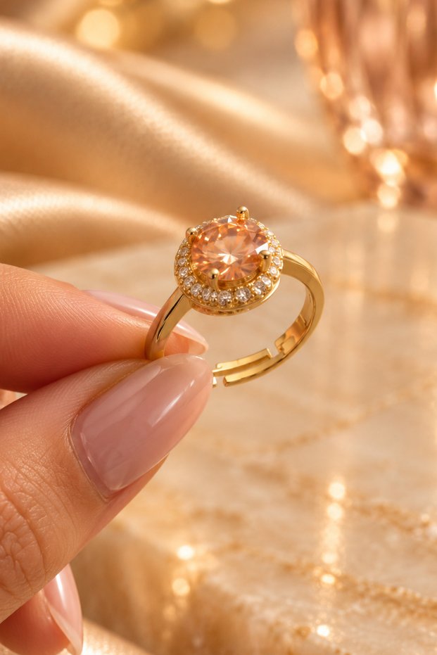 Peach Color Stone Halo Model Adjustable Ring