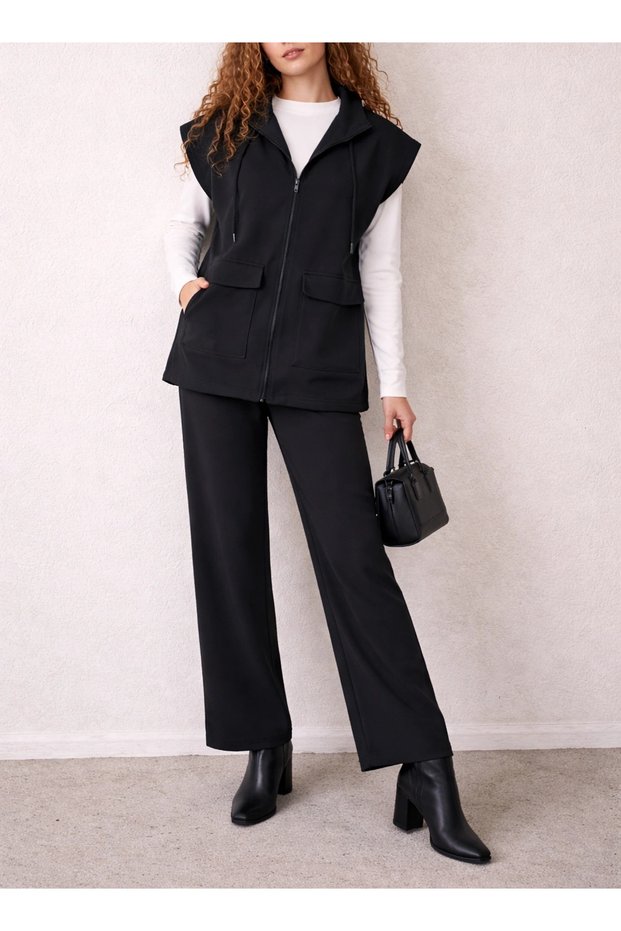 Zippered Pants and Vest Set - Black