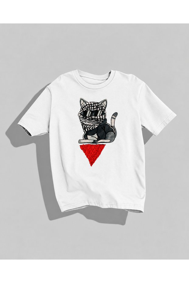 Palestinian Themed Keffiyeh Cat Printed Oversize T-Shirt