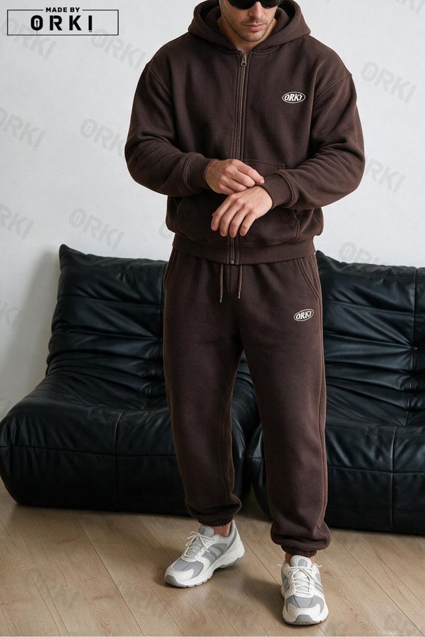 Minimalist Oval Logo Printed Light Brown Unisex Cardigan Jogger 2 Piece Set