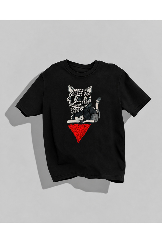Palestinian Themed Keffiyeh Cat Printed Oversize T-Shirt