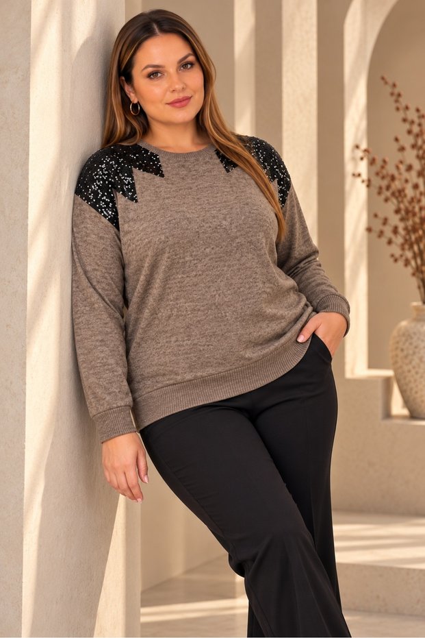 Women's Plus Size Shoulder Sequin Detailed Crew Neck Long Sleeve Melange Soft Stretchy Blouse