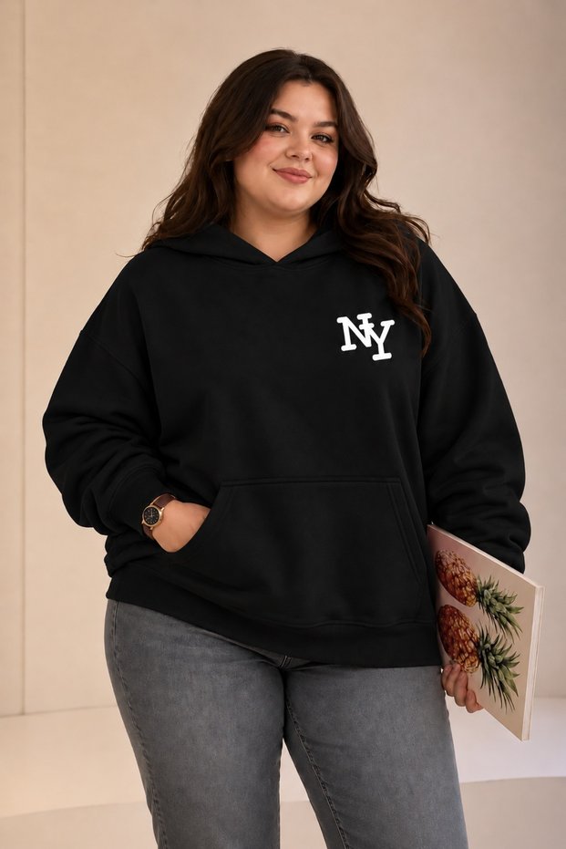 Unisex Black Oversize 3 Thread Raster Thick Hooded Sweatshirt