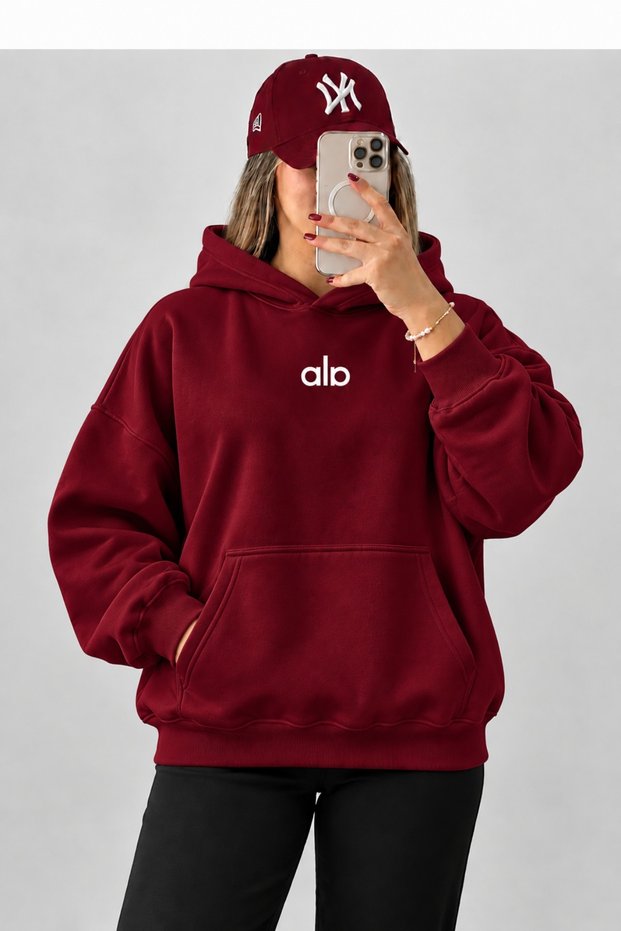 Unisex Claret Red 3 Threaded Hooded Oversize Sweatshirt Hoodie