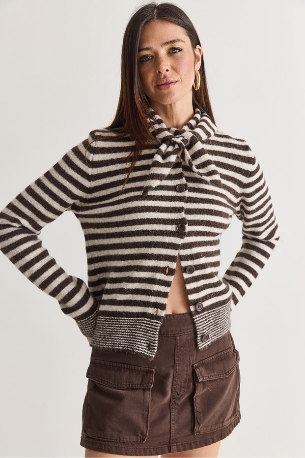 Women's Beige-Brown Striped Scarf Collar Buttoned Knitwear Cardigan 5242 60286706