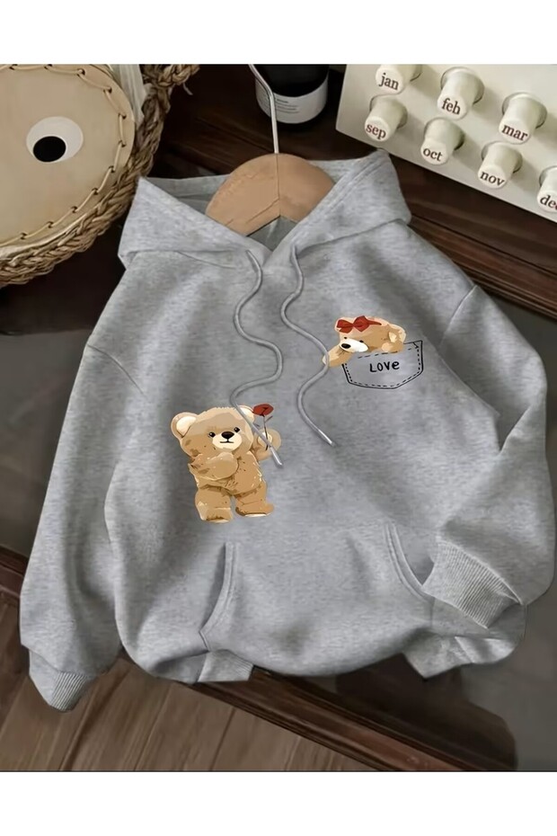 Women's Love Teddy Bear Patterned Print Hooded Sweatshirt