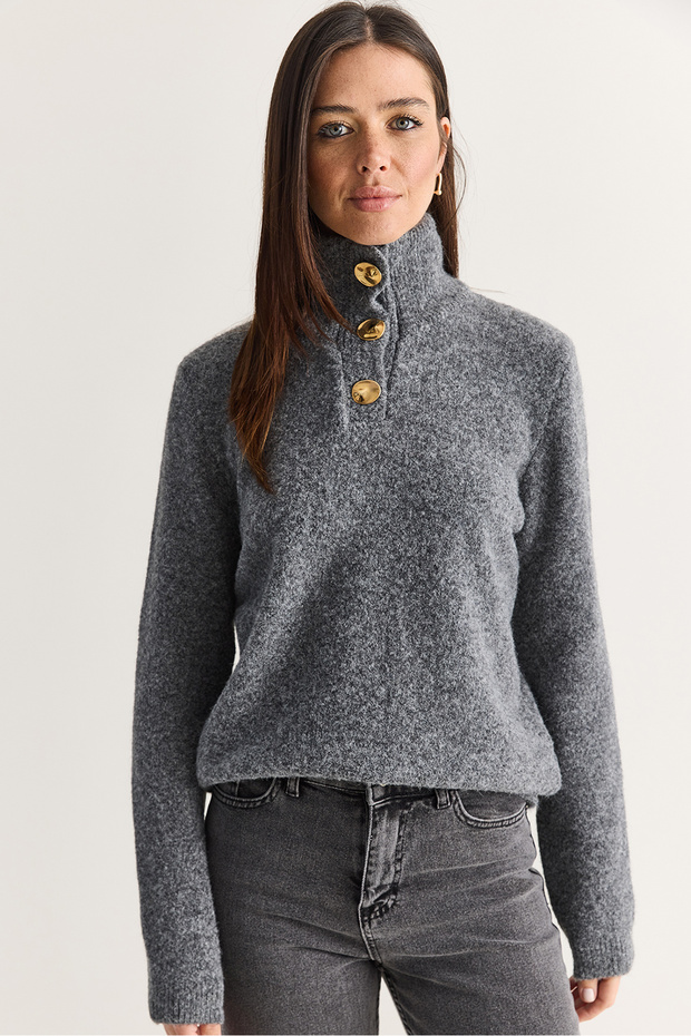 Women's Anthracite Shaded Turtleneck Gold Button Detailed Knitwear Sweater 5178 60286707