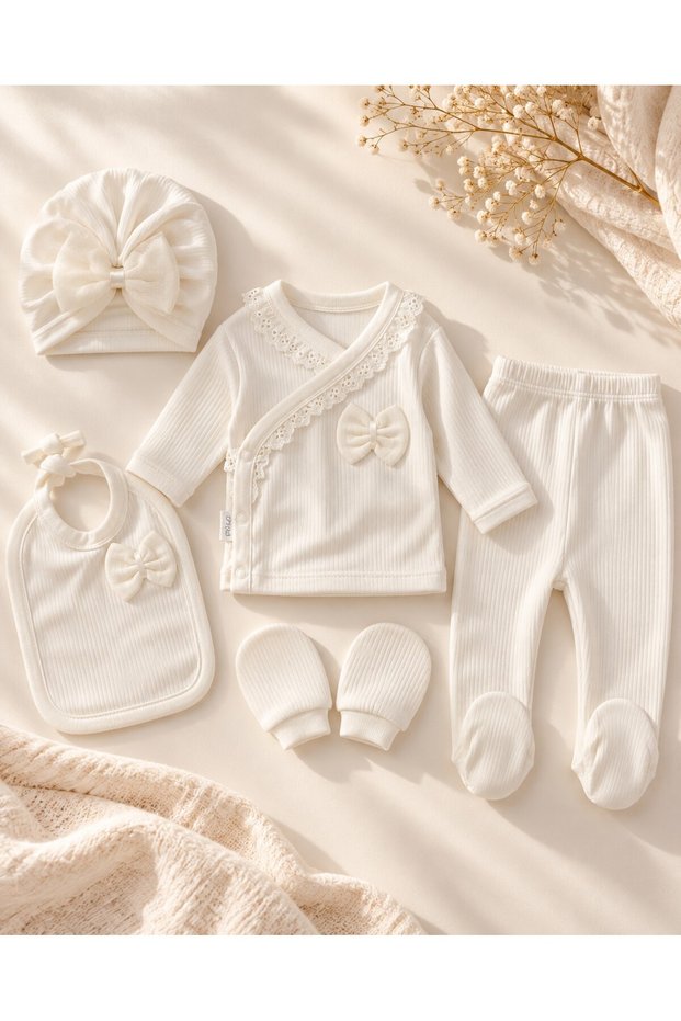 5-Piece Bow and Bow-Throught Set, 100% Cotton, Newborn Baby Girl Zibin Set/Baby Girl Hospital Discharge Set