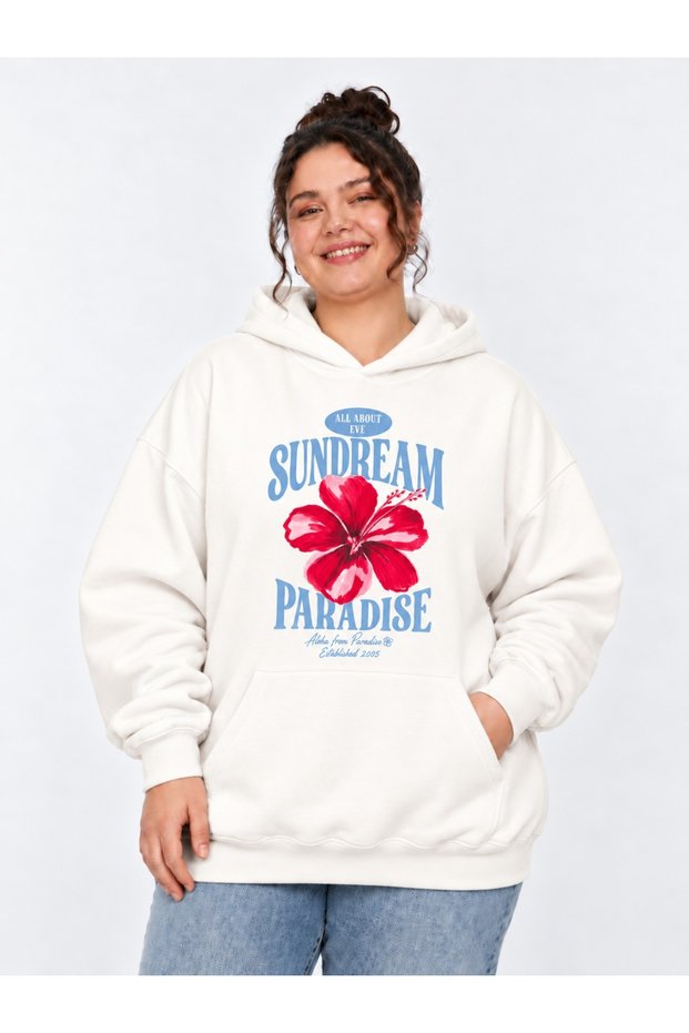 Unisex White Oversize 3 Thread Raster Thick Hooded Sweatshirt