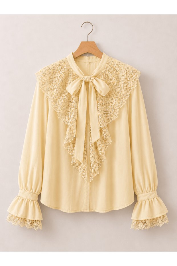 Shirt with Lace Detail on Front and Sleeves - 5306 - Butter Yellow