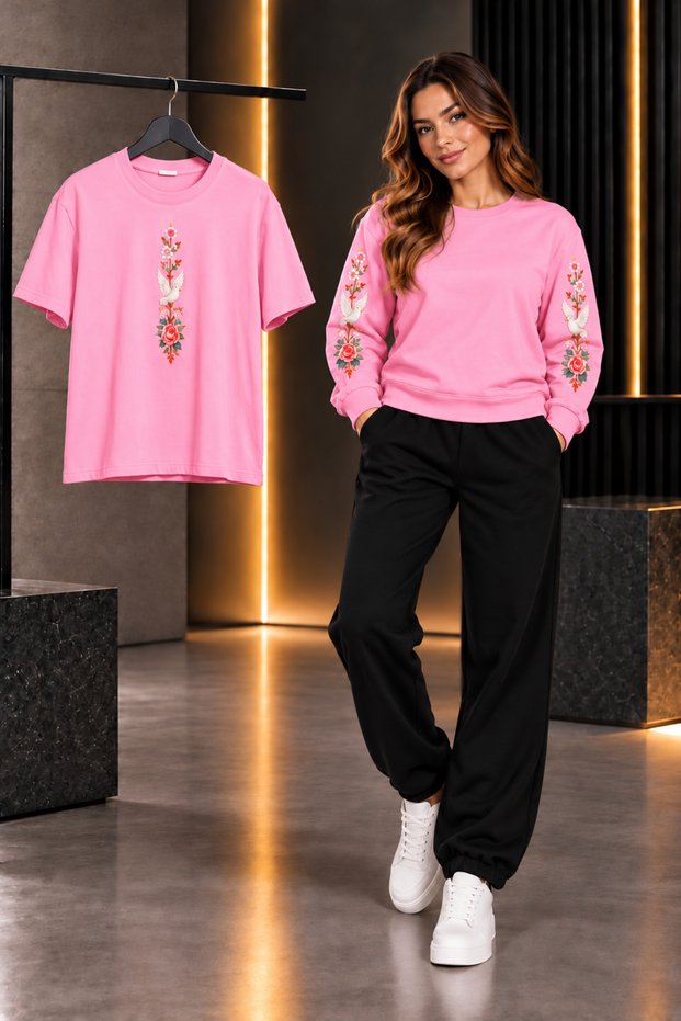 Zero Collar Shardon T-Shirt Track Suit 3-Piece Combination Swan Printed Women's / Girls' Model