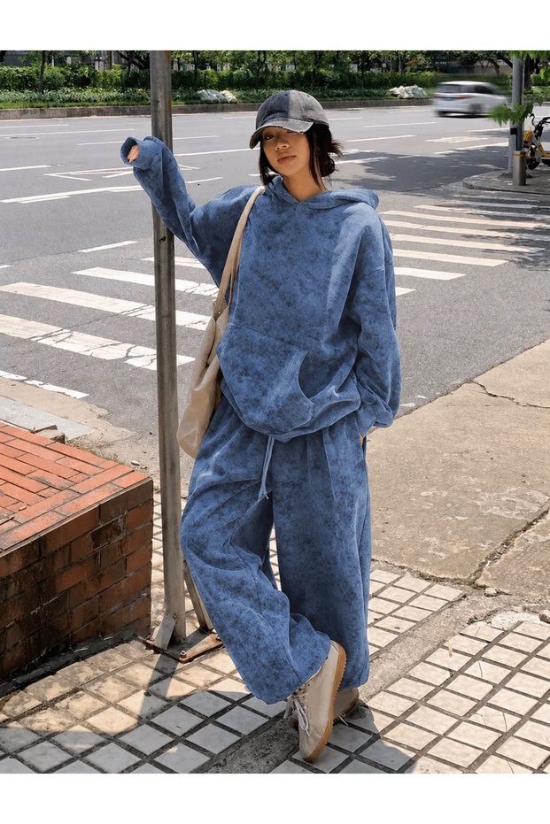 Washed Wash Pattern 3 Thread Tracksuit Set Blue