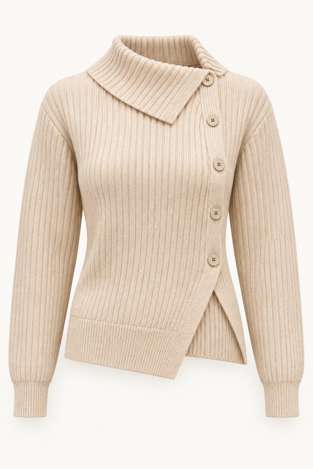 Women's Ecru Asymmetrical Collar Side Buttoned Ribbed Knit Sweater