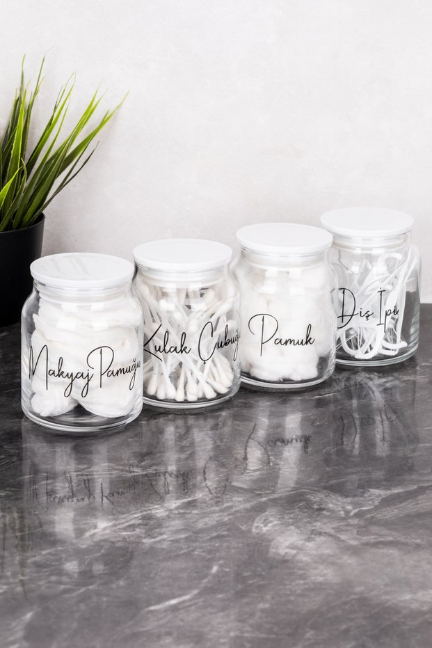 4-Piece Premium Cotton Jar Set with White Mica Lids Glass Cotton Set Jar Makeup Cotton Ear Swab Floss Labeled Jar Set