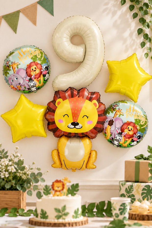9 Year Old Lion Foil Balloon Set Safari Theme Balloon Set Set39