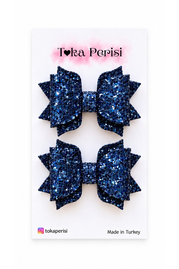 Navy Blue Luna Lady Glitter Glittery Shimmering 2-Piece Bow Buckle