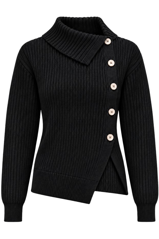 Women's Black Button Detailed Asymmetrical Collar Ribbed Knit Sweater